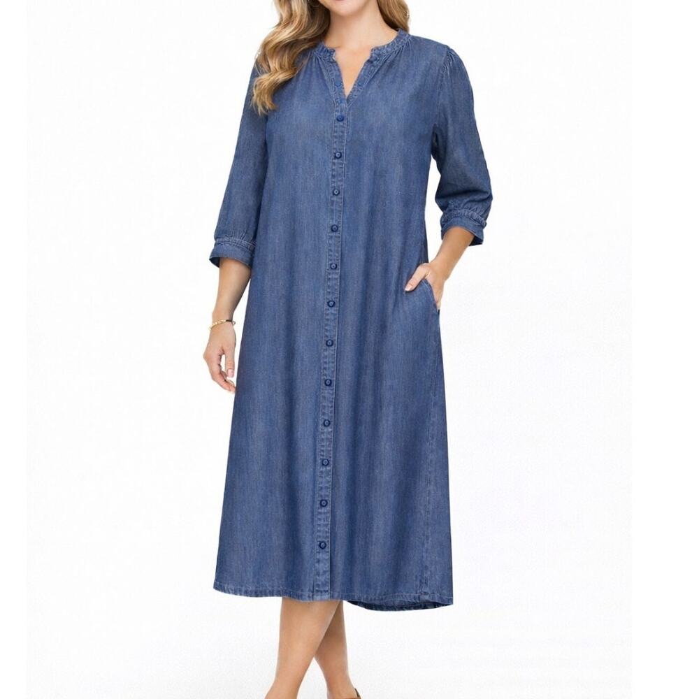 Draper James Denim Shift Dress Size 10 Relaxed Midi Length Southern Preppy